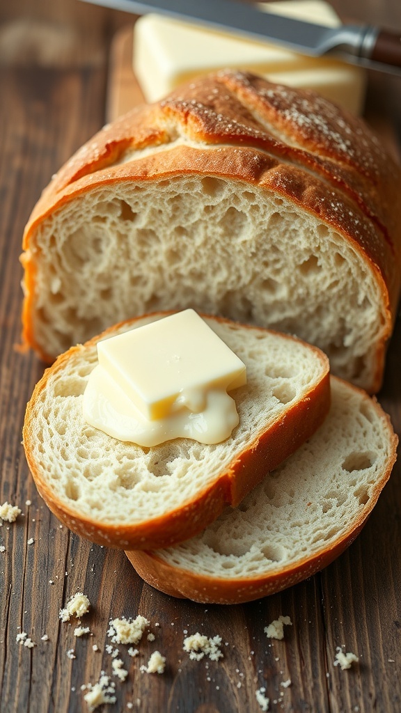 Sliced sourdough bread with melting butter on top, on a wooden table.